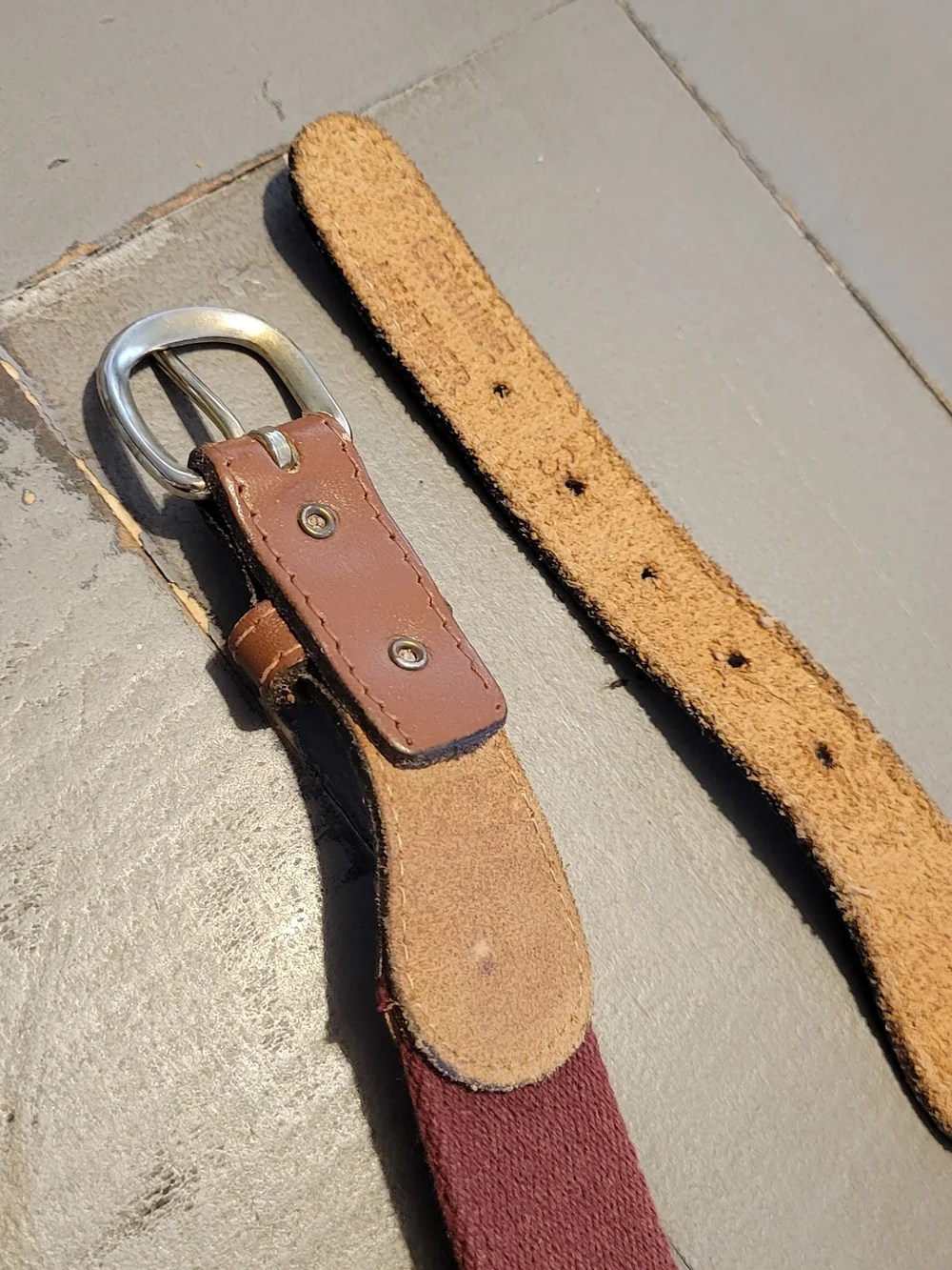 Men's Woven Stripe Casual Belt in Burgandy, Navy and Cream &Leather Trim